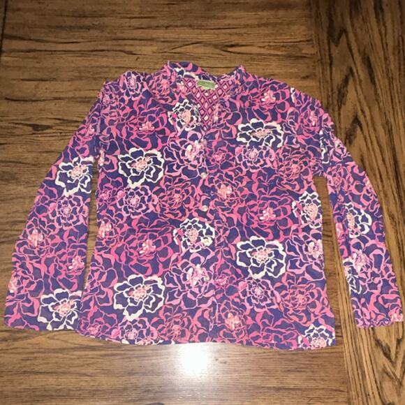 Vera Bradley Tops - Vera Bradley Pink Purple Floral Long Sleeve Collared Button-Up Women's Blouse M